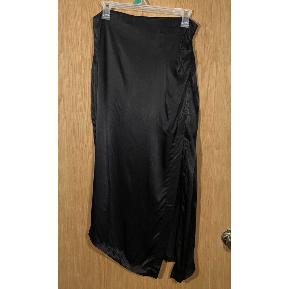 Lulus Black Satin Midi Skirt Ruched Side Asymmetrical Hem FairyGoth Vamp NWT Lg